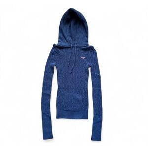Y2K Hollister Hoodie Sweater Navy Cable Knit Rabbit Hair Blend Soft‎ Tight Fit S